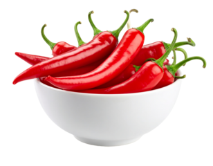 Fresh Red Chile Peppers in White Bowl Isolated on Background