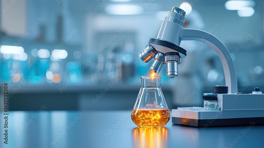 Poster laboratory setting featuring microscope and flask with vibrant orange liquid, showcasing scientific 