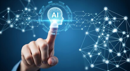 Obraz premium Artificial Intelligence Concept Person Touching AI Head with Futuristic Network Connection represents technology innovation data science and machine learning