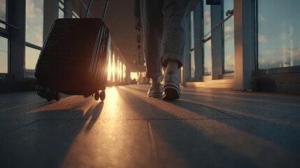 Traveler Walking Through Airport Terminal at Sunrise