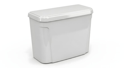 A white, rectangular toilet tank with a matching lid sits on a white surface, casting a soft shadow.