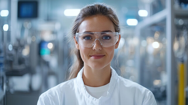 Confident woman wearing safety glasses and lab coat stands in modern laboratory, showcasing commitment to safety and innovation