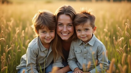 Happy mother with her two young sons smiling in a sunlit field of tall grass and flowers with a soft golden glow and a shallow depth of field