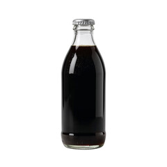 A pristine glass bottle showcasing a deep, richly colored beverage on transparent backdrop,