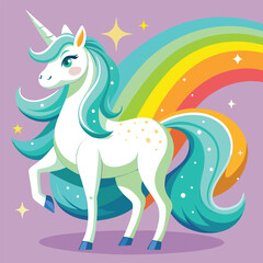 Naklejka premium White unicorn with turquoise mane and tail beside rainbow horse animal