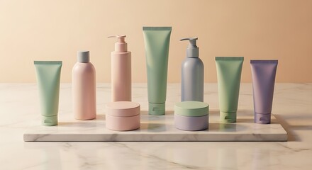 Fototapeta premium Pastel Cosmetic Product Assortment on Marble