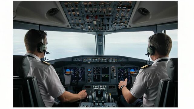 Two pilots in uniform wearing headsets operate an airplane cockpit with advanced instruments and controls