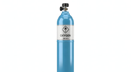 Obraz premium A light blue oxygen tank stands isolated against a white background.