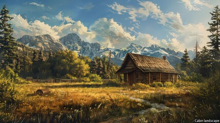 A picturesque cabin nestled in a vibrant meadow with snow capped mountains in the background under a cloudy sky