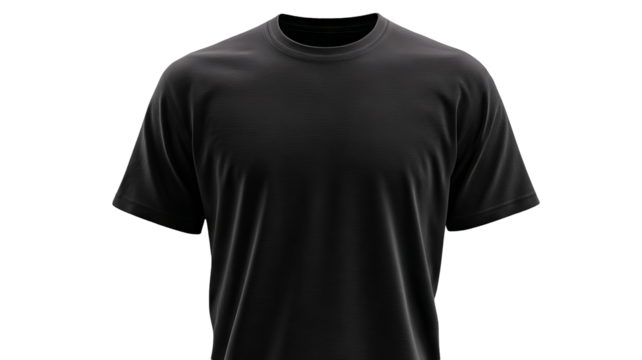 High-resolution blank black t-shirt template in PNG format with flawless transparent background for professional apparel mockups and seamless graphic design integration