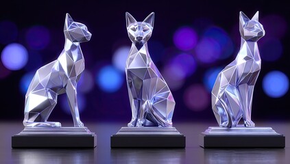 Three polygonal cat figurines on dark bases, against a blurred background of purple lights