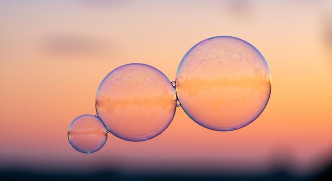 Three iridescent soap bubbles floating against a vibrant sunset backdrop
