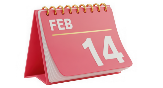 Ai generated image of pink desk calendar showing february 14, isolated on transparent background - Powered by Adobe