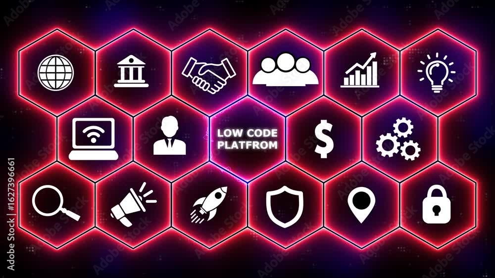 Poster low code software development platform technology concept. glowing animation. business technology vi