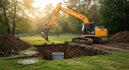 Excavator Digging Hole for Septic Tank Installation