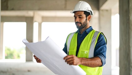 A construction worker reviews blueprints inside an unfinished building