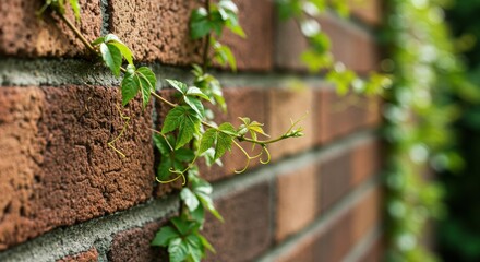Green Vine Growing on Red Brick Wall.