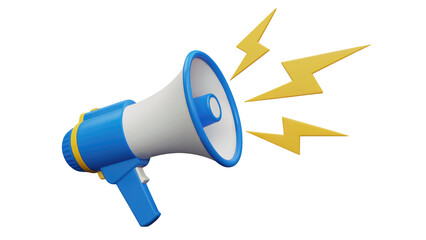 Announce exciting news with this vibrant blue and white megaphone and energetic lightning bolt graphics isolated on transparent background