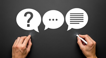 Conversation Concept with Speech Bubbles Chalkboard and Hands Holding Chalk Asking Questions Giving Answers and Providing Information Communication Ideas