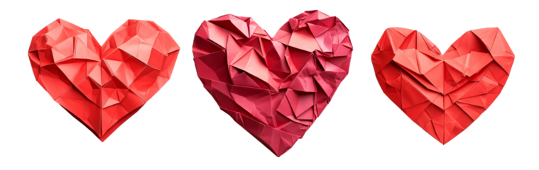 Red origami heart with geometric folds, crafted from paper, isolated on white transparent background. Concept of love and handmade art
