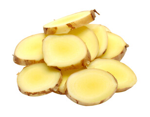 Sliced Galangal Roots Isolated on White Background