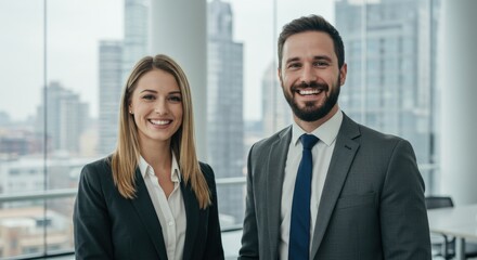 Smiling Business Professionals in Office Setting Suits.