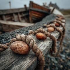 Rustic Nautical Scene with Natural Elements and Weathered Wood