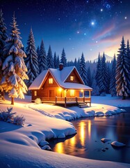 Fototapeta premium Cozy winter cabin by a frozen river (2)