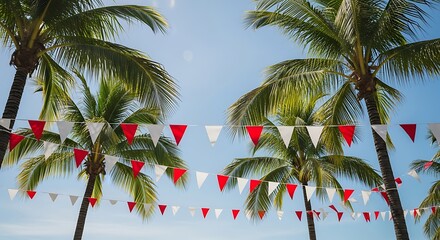 Tropical Beach Party with Palm Trees and Red and White Pennant Banners Against Blue Sky