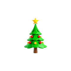 Obraz premium Plastic style Christmas tree with yellow star on top and red yellow ornaments on white background, festive holiday decoration illustration