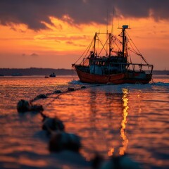 Fishing boat on calm water during sunset with vibrant sky colors