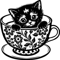 kitten in a tea cup (linocut)