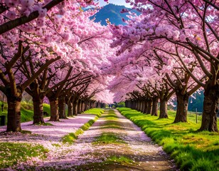 Pathway beneath cherry blossoms with petals scattered like snowfall evoking serenity