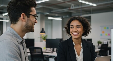 Smiling Business Colleagues in Office Discussing Work Collaboration.