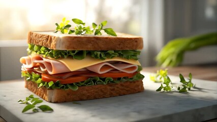 A healthy ham and cheese sandwich on white bread with fresh lettuce and tomato is a perfect snack or meal - Powered by Adobe
