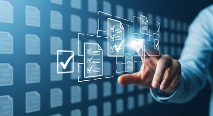 Digital checklist with business man using virtual interface and data verification and digital document management concept for efficient work and automation