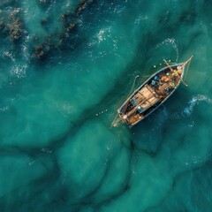 Aerial View of Fishing Boat on Tranquil Turquoise Water Surface