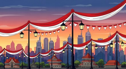 Indonesian Independence Day Pixel Art Background with Cityscape and Red and White Decorations