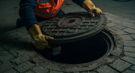 Worker Opening Manhole Cover