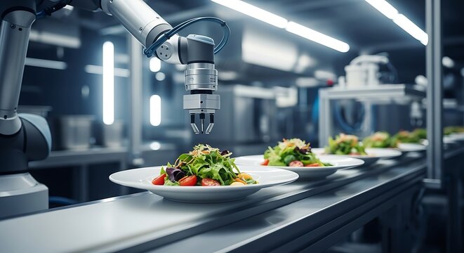 Robot arm preparing a fresh salad on a modern automated kitchen line