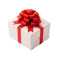 Obraz premium White gift box with red ribbon and bow isolated on transparent background