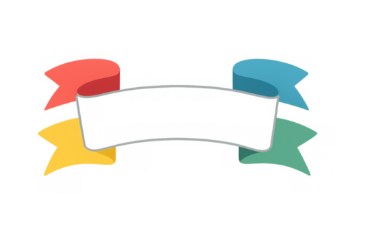 Colorful ribbons curving dynamically, forming celebratory banner with open white space against transparent backdrop