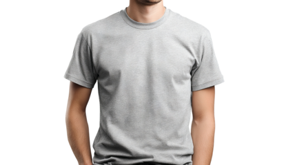 Premium high-resolution gray t-shirt mockup on seamless transparent background, crisp PNG cutout ideal for apparel design showcases and e-commerce product presentations