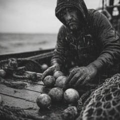 Fisherman Handling Fishing Gear on a Rainy Day in Black and White