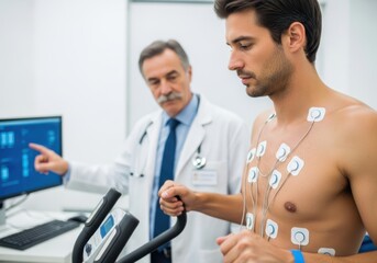 Obraz premium Doctor performs stress test on patient with electrocardiogram monitoring on treadmill, reviewing results on computer screen