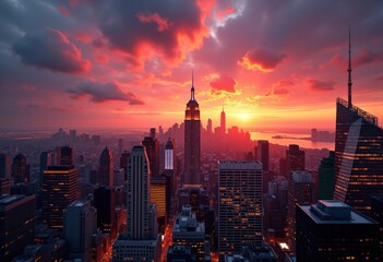 Fototapeta premium vibrant sunset skyline city lights displaying radiant urban horizon brilliant atmosphere colorful twilight effects, dusk, architecture, landscape, reflection
