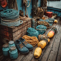 Vintage Fishing Gear and Nautical Equipment on Boat Deck