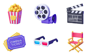 Cinema icons for movie night fun popcorn tickets 3D glasses film reel director chair clapperboard
