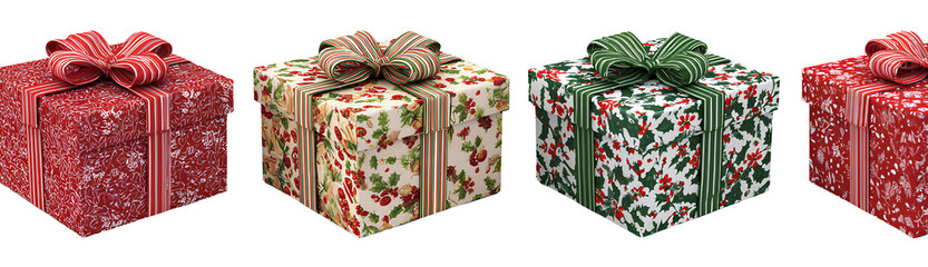  3 present boxes with a Christmas pattern, isolated on a Transparent background PNG