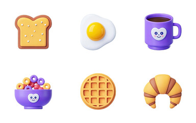 Delicious cartoon breakfast icons featuring toast, fried egg, coffee mug, cereal bowl, waffle, and croissant for joyful meals.